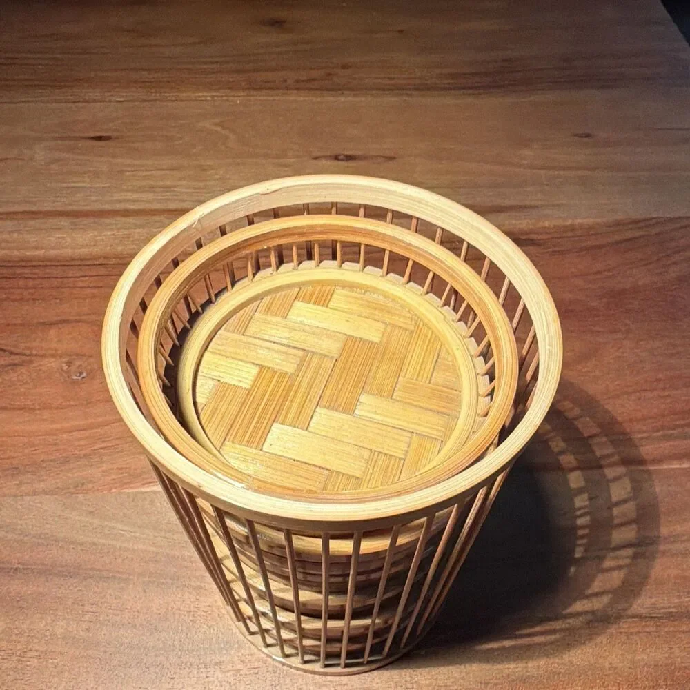 MCM/Rustic Bamboo Woven Round Coaster & Holder Set of 6 Stackable with Rack